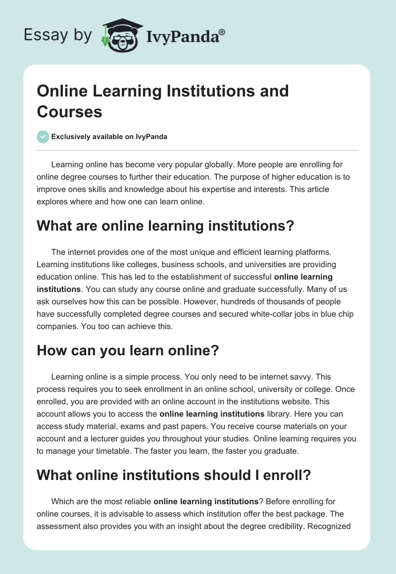 Online Learning Institutions and Courses. Page 1