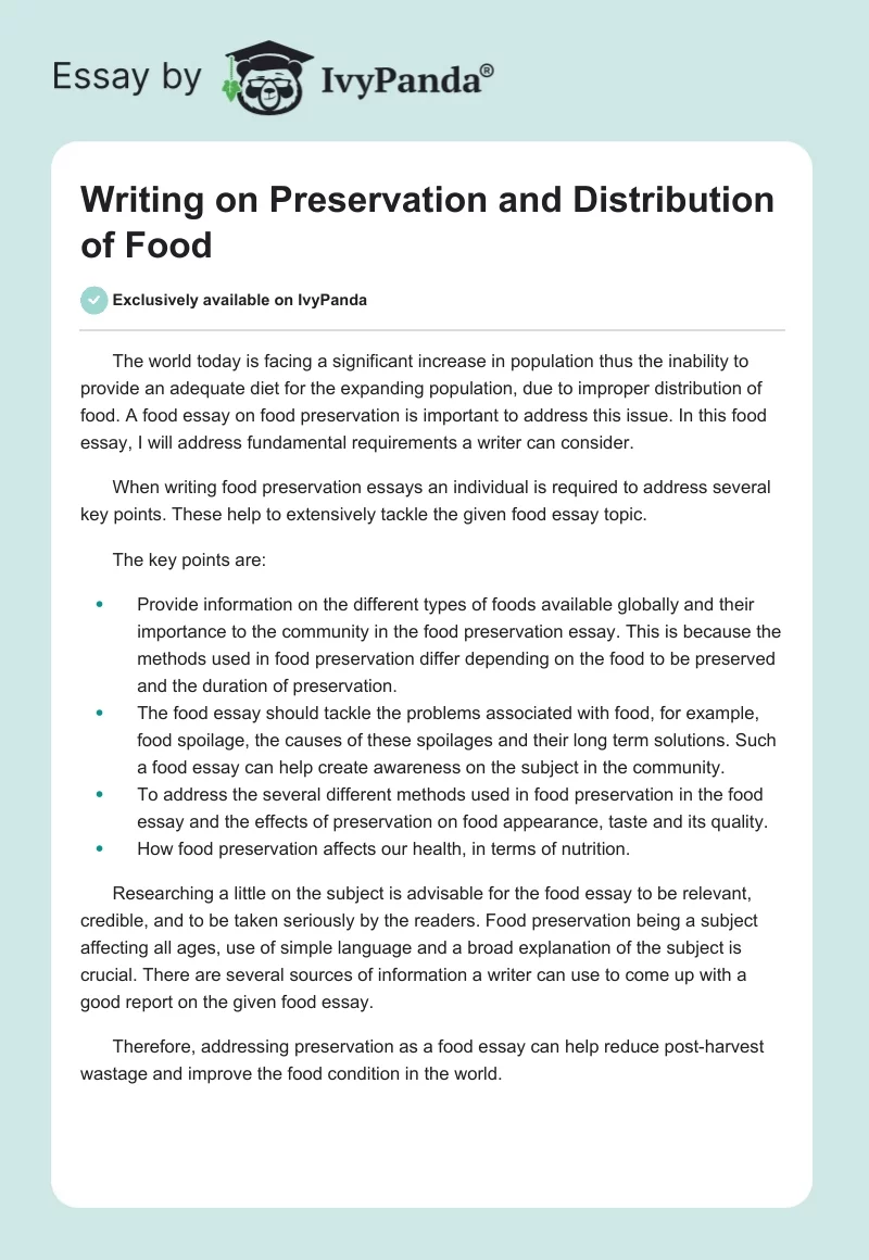 Writing on Preservation and Distribution of Food. Page 1