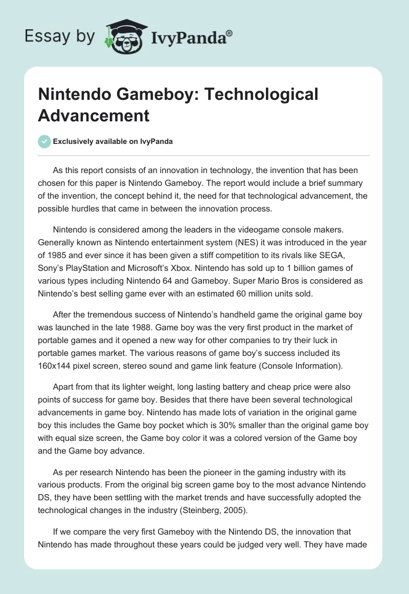 Nintendo Gameboy: Technological Advancement. Page 1