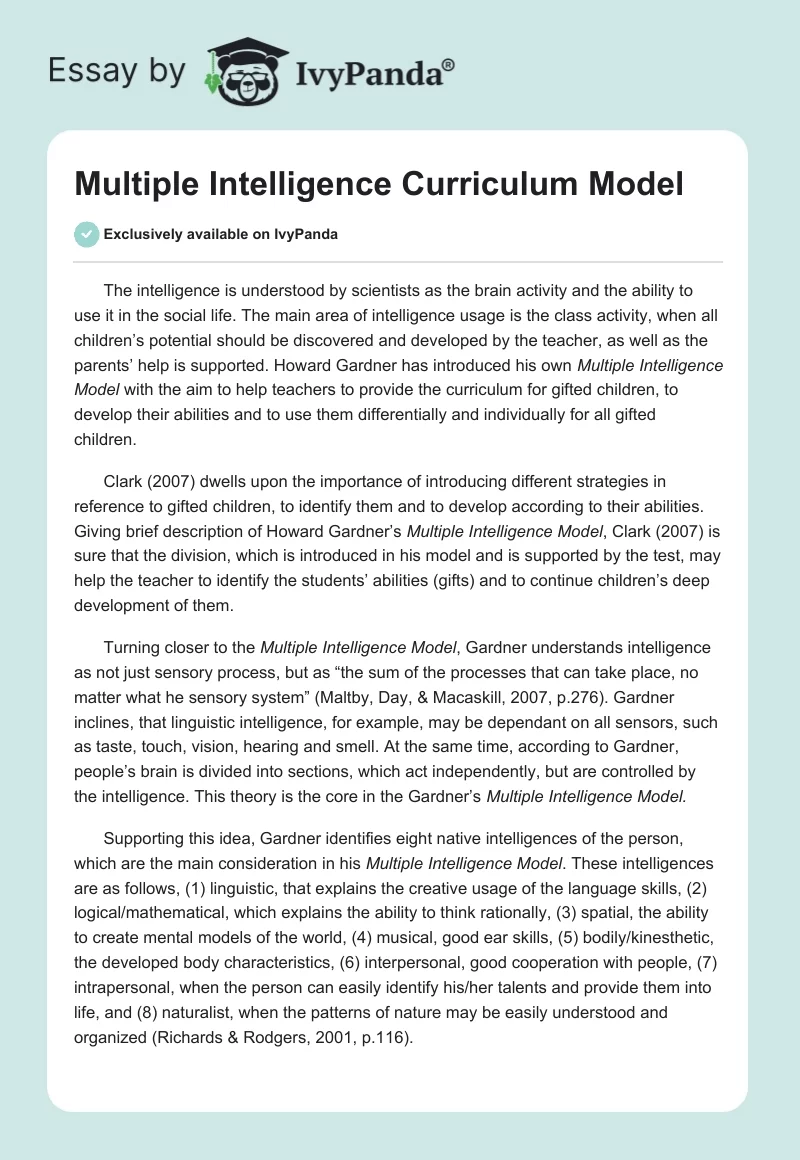 Multiple Intelligence Curriculum Model. Page 1