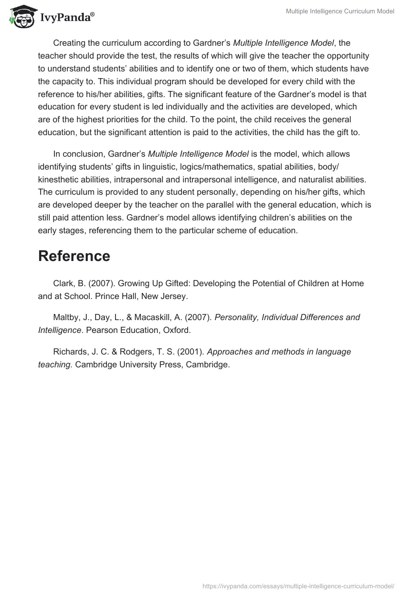 Multiple Intelligence Curriculum Model. Page 2