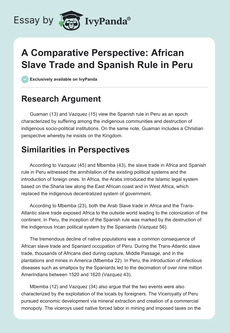 A Comparative Perspective: African Slave Trade and Spanish Rule in Peru. Page 1