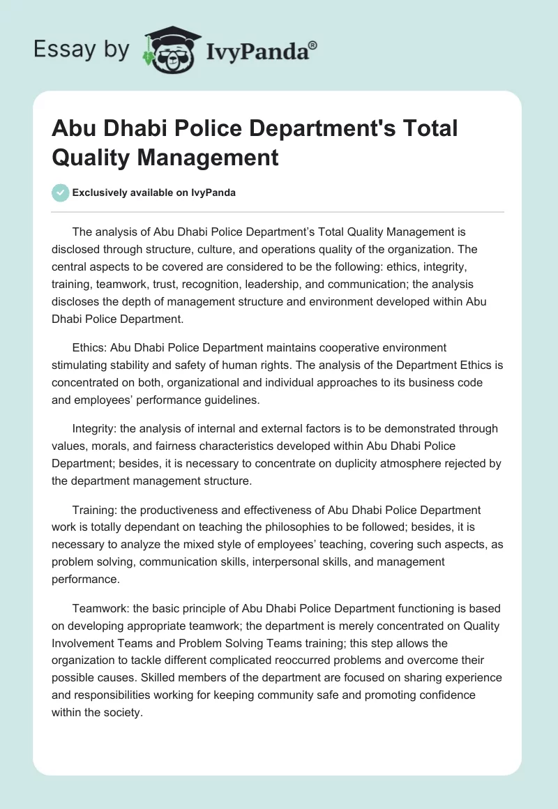 Abu Dhabi Police Department's Total Quality Management. Page 1