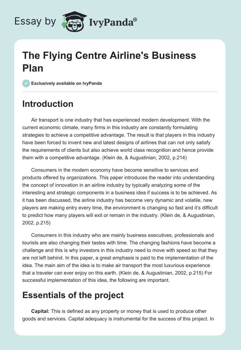The Flying Centre Airline's Business Plan. Page 1