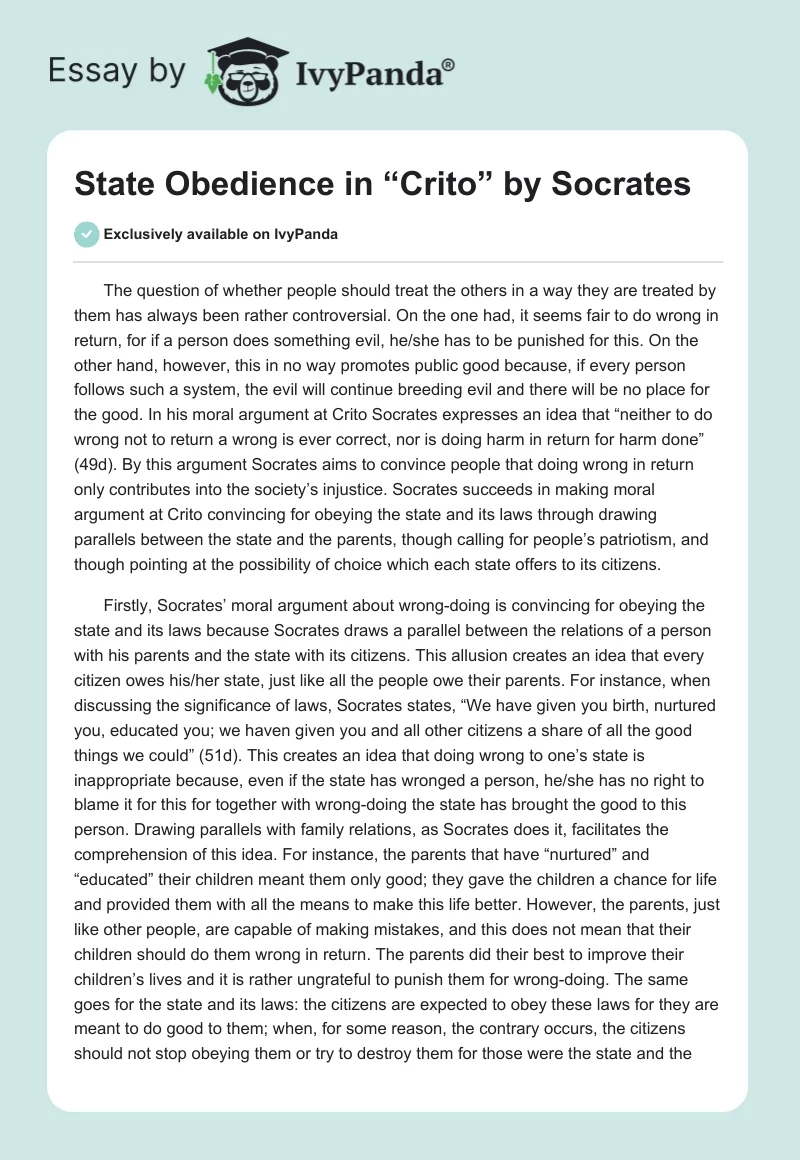 State Obedience in “Crito” by Socrates. Page 1