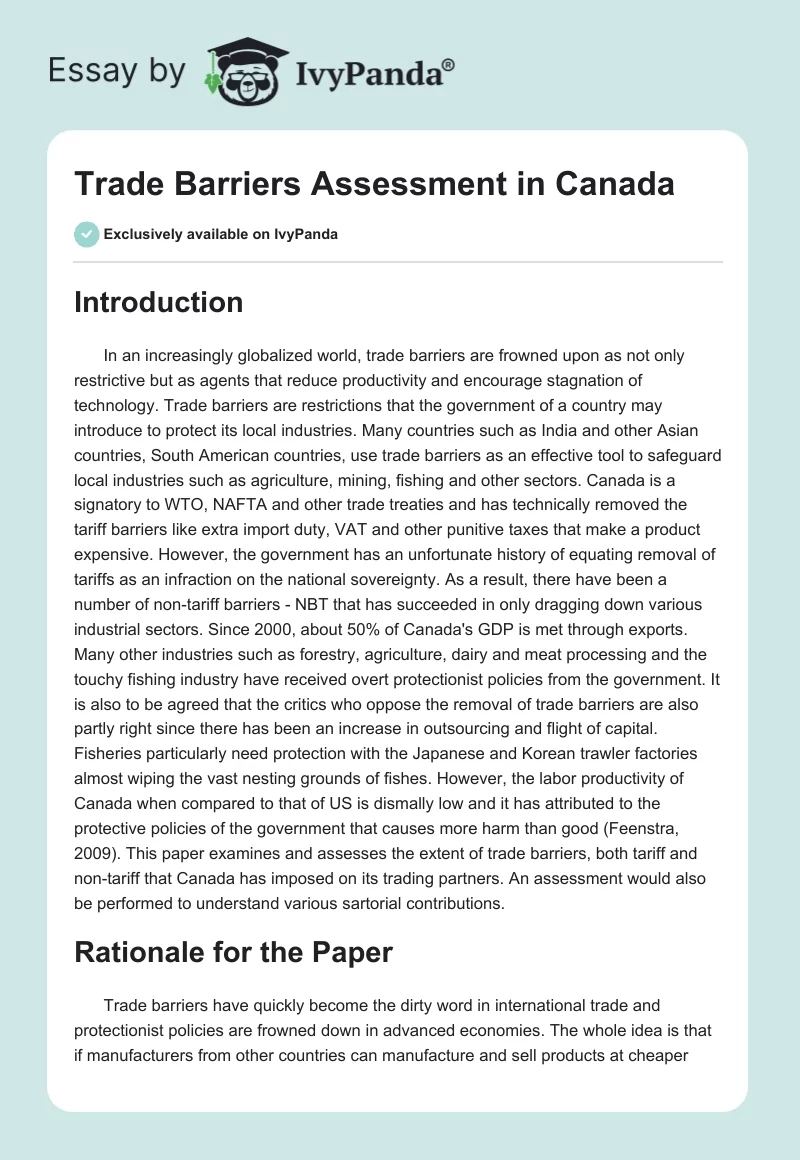 Trade Barriers Assessment in Canada. Page 1