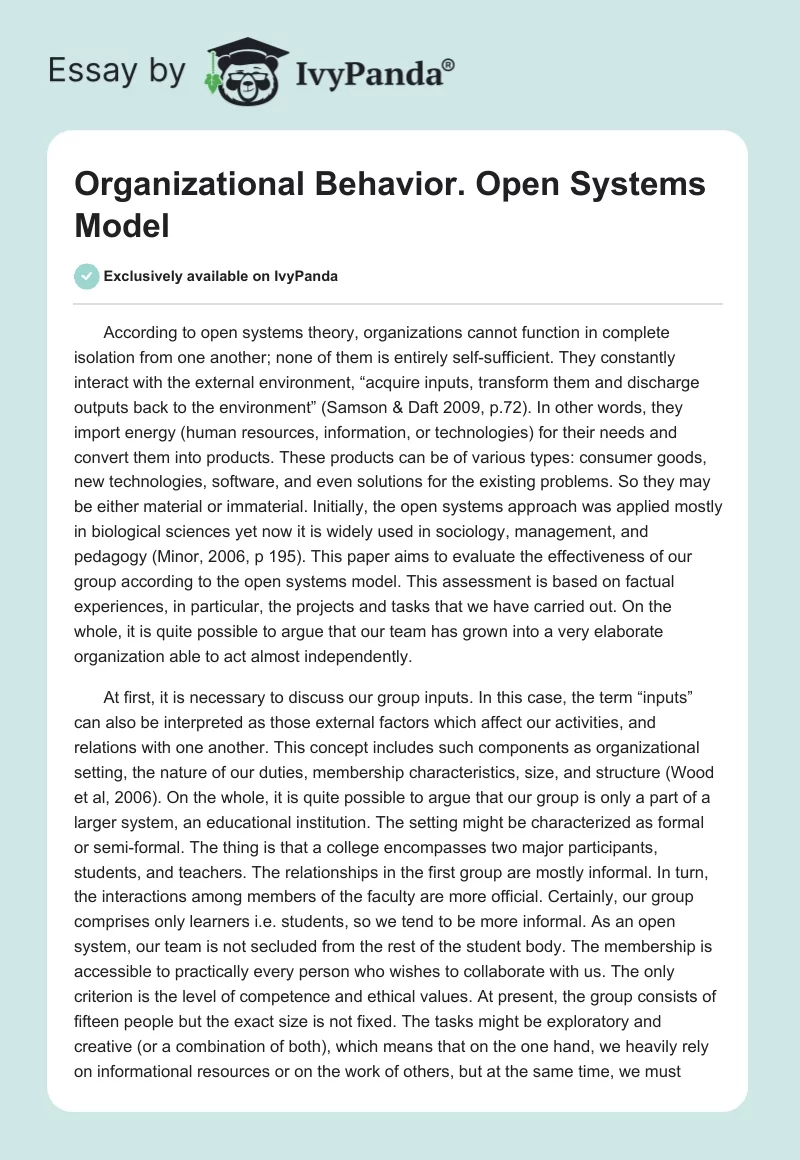 Organizational Behavior. Open Systems Model. Page 1