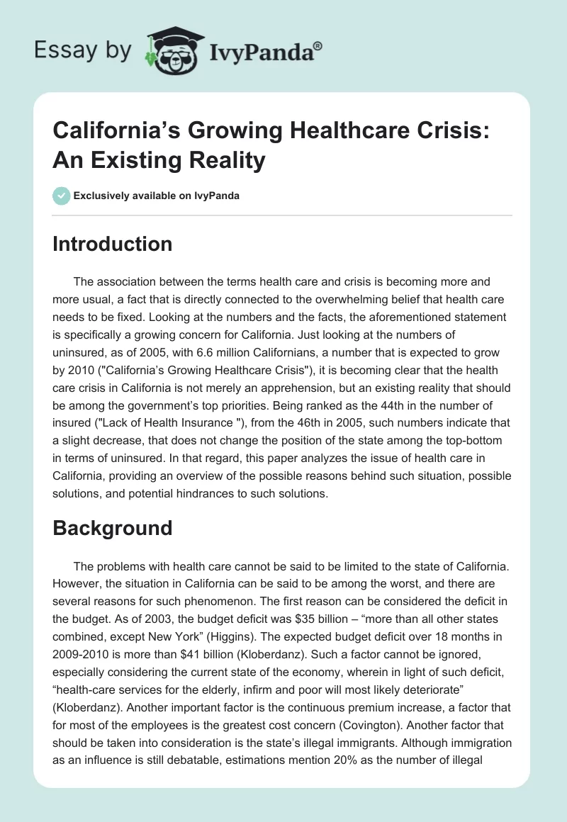 California’s Growing Healthcare Crisis: An Existing Reality. Page 1