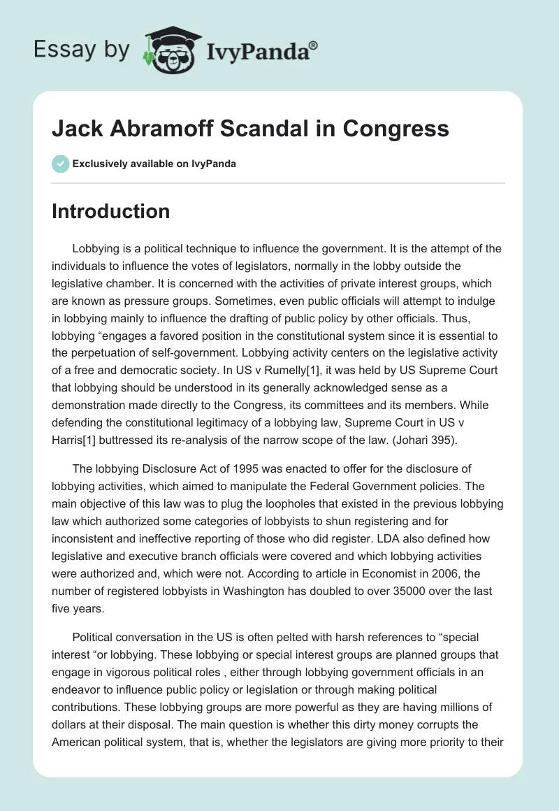 Jack Abramoff Scandal in Congress. Page 1