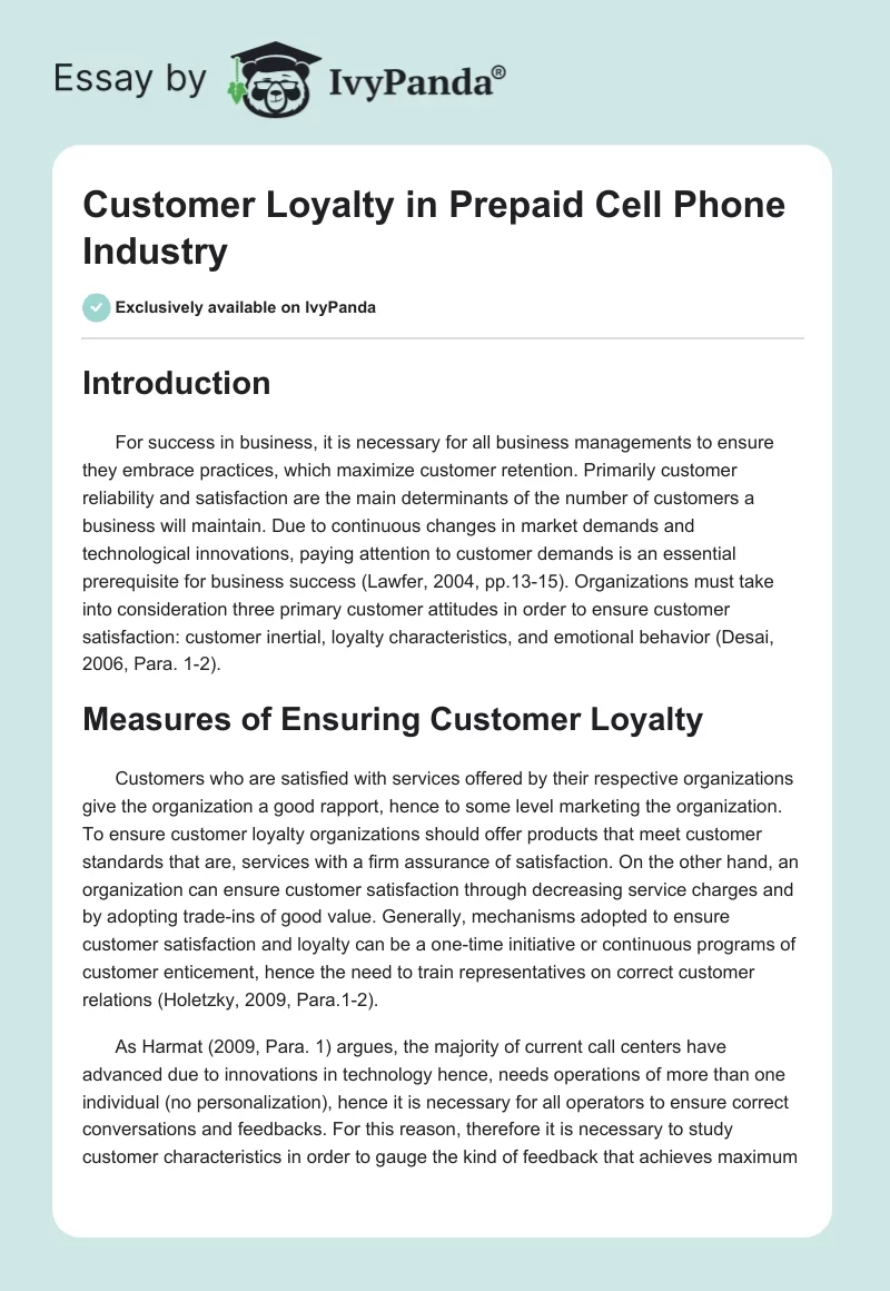 Customer Loyalty in Prepaid Cell Phone Industry. Page 1
