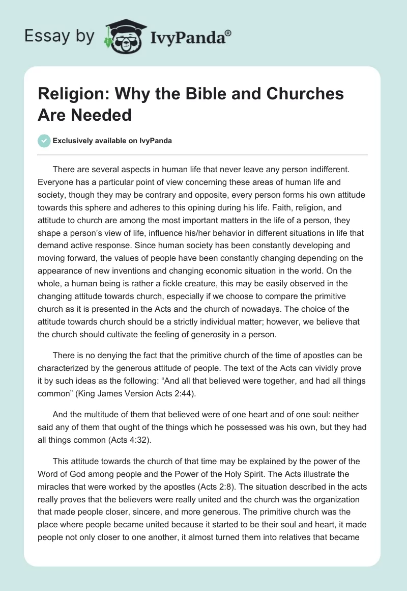 Religion: Why the Bible and Churches Are Needed. Page 1