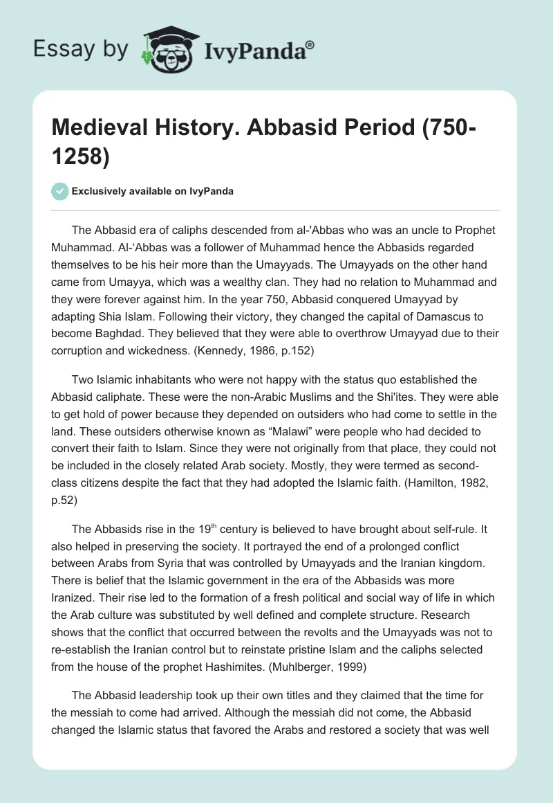 Medieval History. Abbasid Period (750-1258). Page 1
