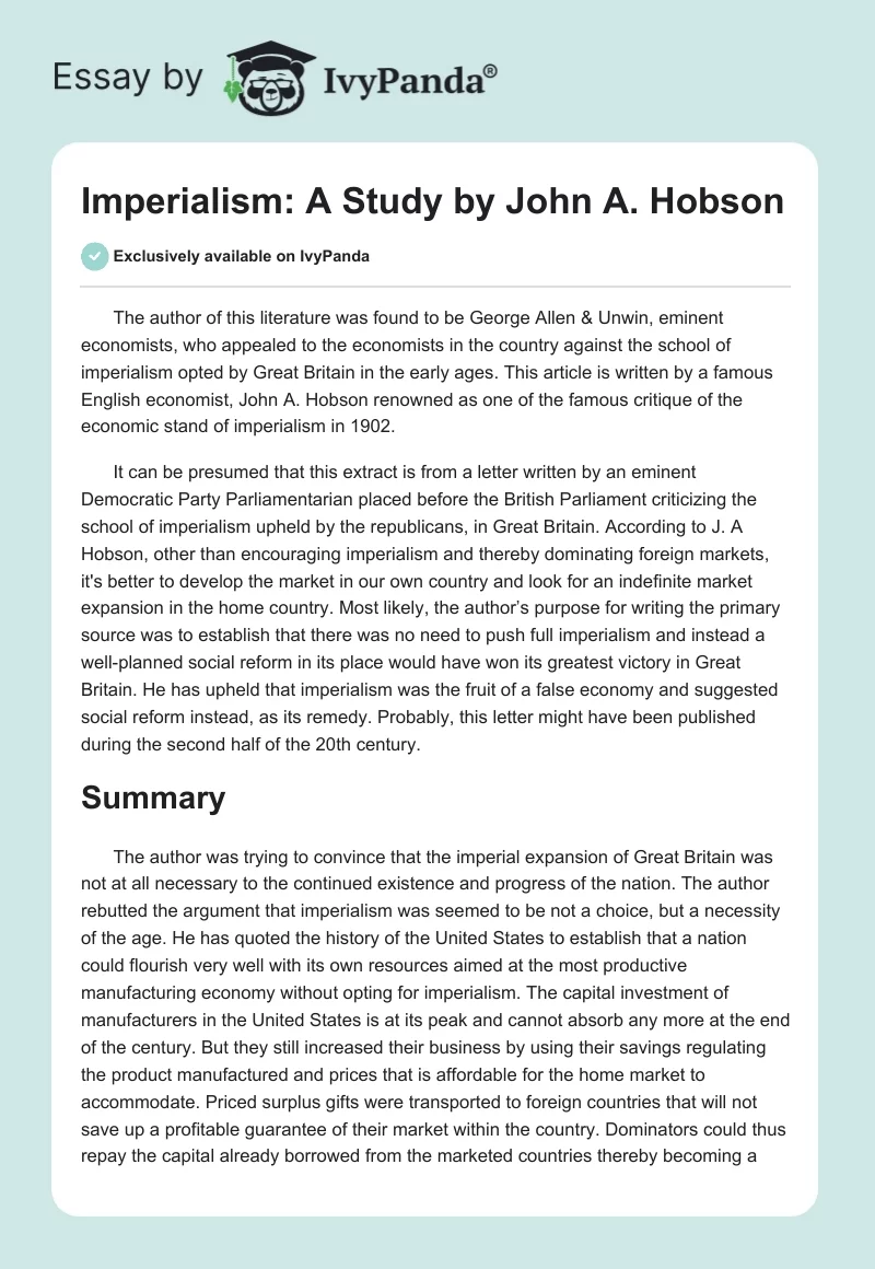 Imperialism: A Study by John A. Hobson. Page 1