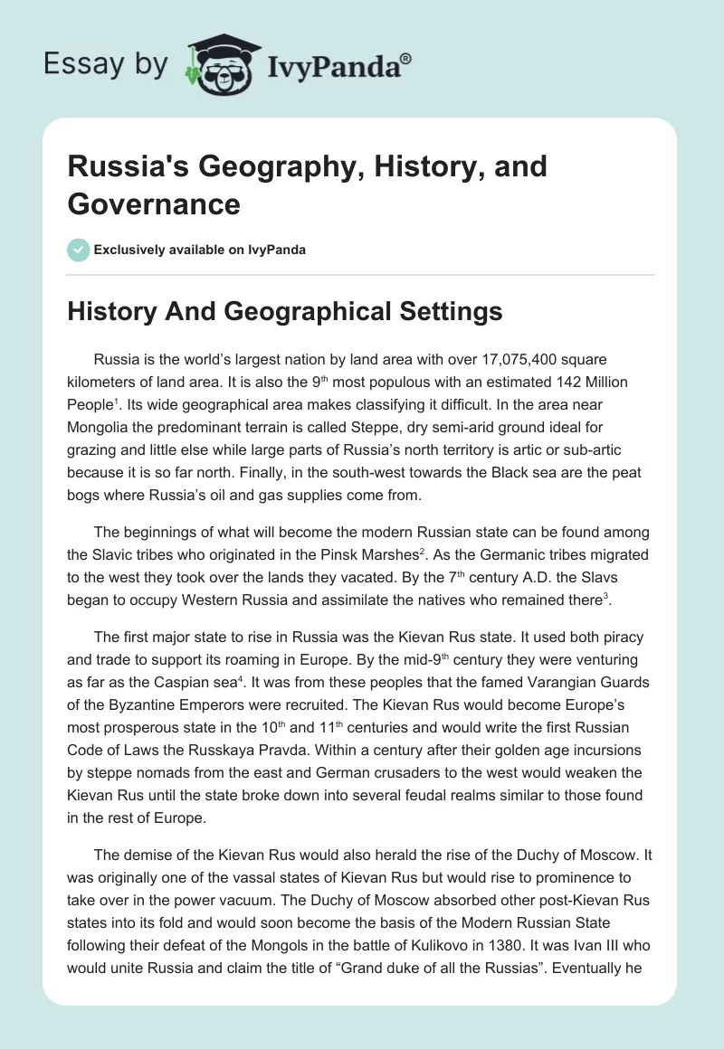 Russia's Geography, History, and Governance. Page 1