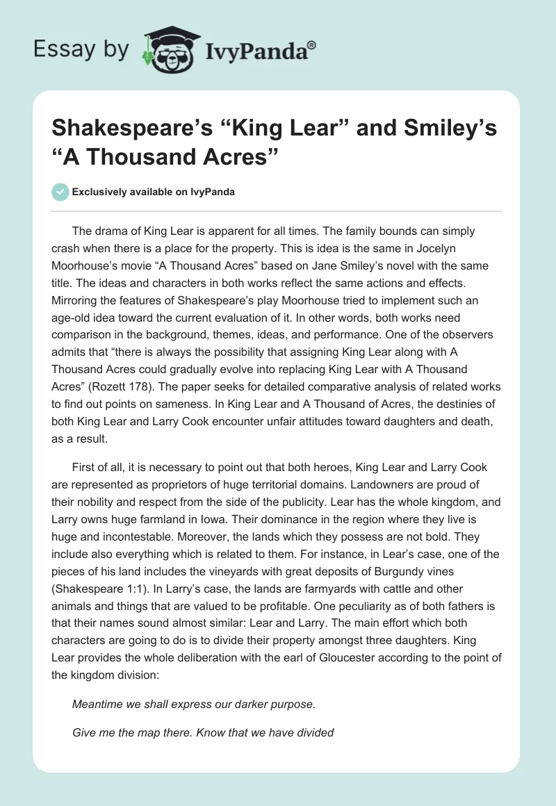Shakespeare’s “King Lear” and Smiley’s “A Thousand Acres”. Page 1