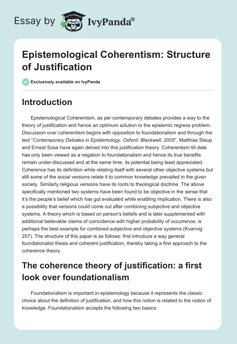 Epistemological Coherentism: Structure of Justification. Page 1