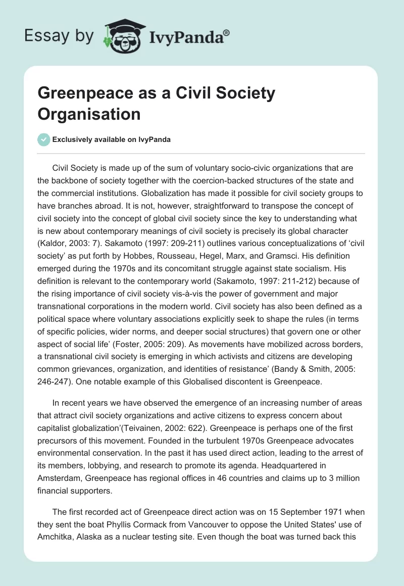 Greenpeace as a Civil Society Organisation. Page 1