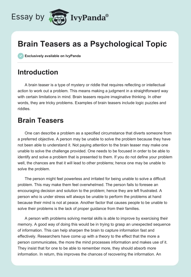 Brain Teasers as a Psychological Topic. Page 1