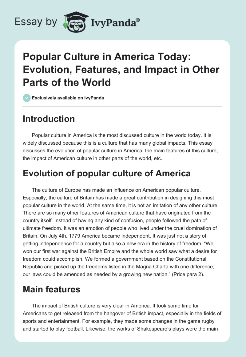 Popular Culture in America Today: Evolution, Features, and Impact in Other Parts of the World. Page 1