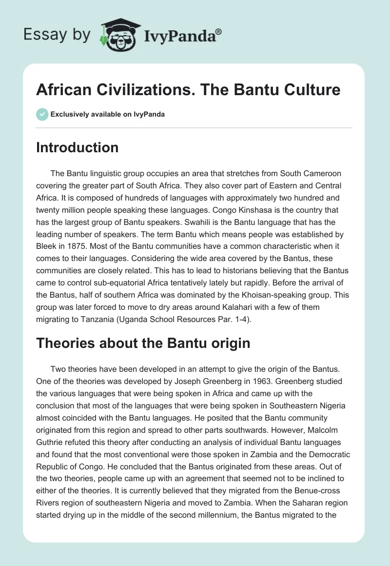 African Civilizations. The Bantu Culture. Page 1