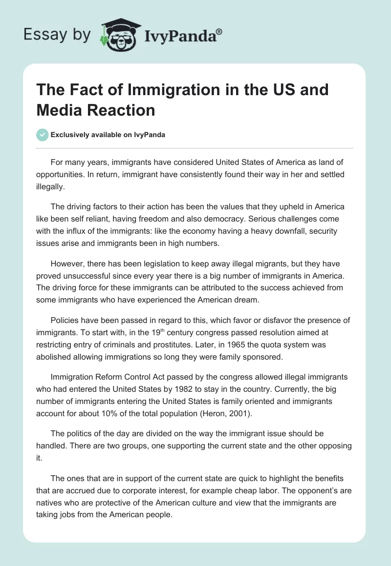 The Fact of Immigration in the US and Media Reaction. Page 1