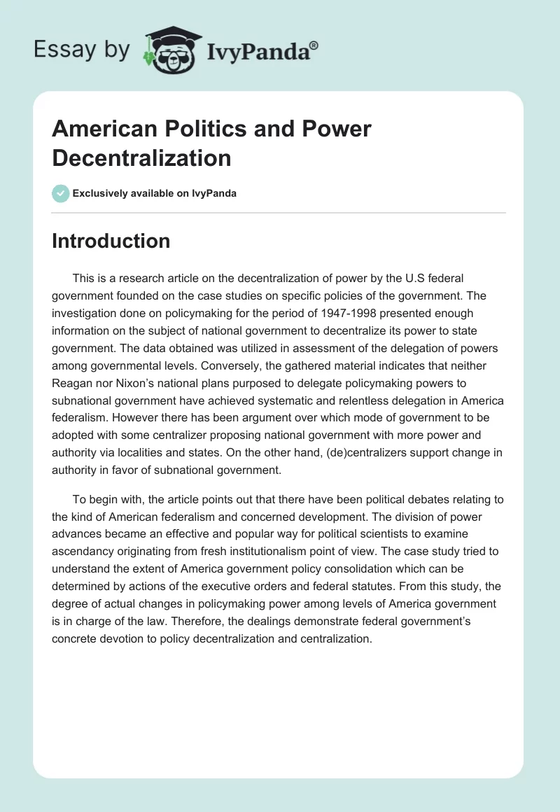 American Politics and Power Decentralization. Page 1