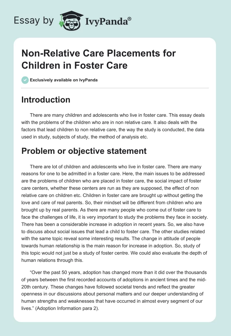 Non-Relative Care Placements for Children in Foster Care. Page 1