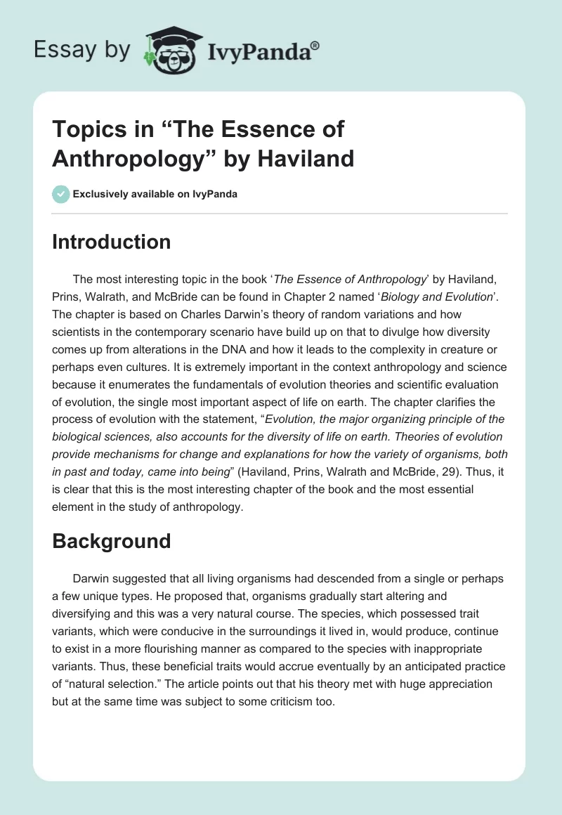 Topics in “The Essence of Anthropology” by Haviland. Page 1