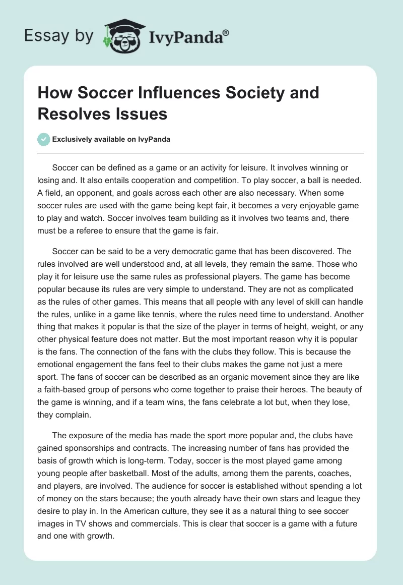 How Soccer Influences Society and Resolves Issues. Page 1