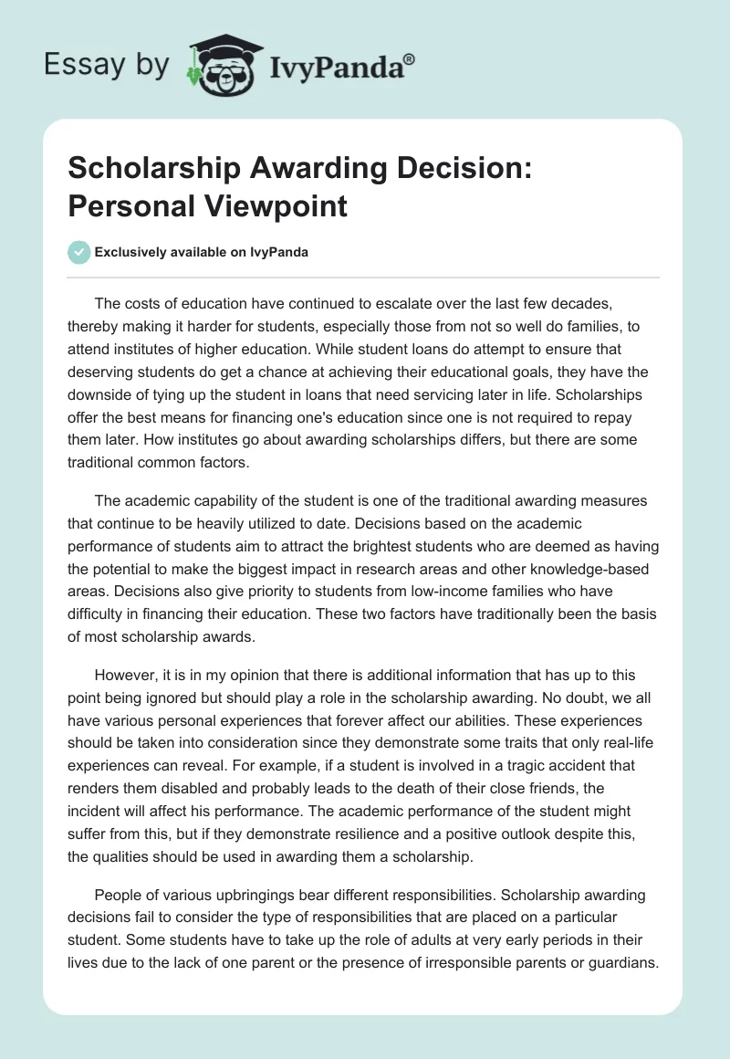 Scholarship Awarding Decision: Personal Viewpoint. Page 1