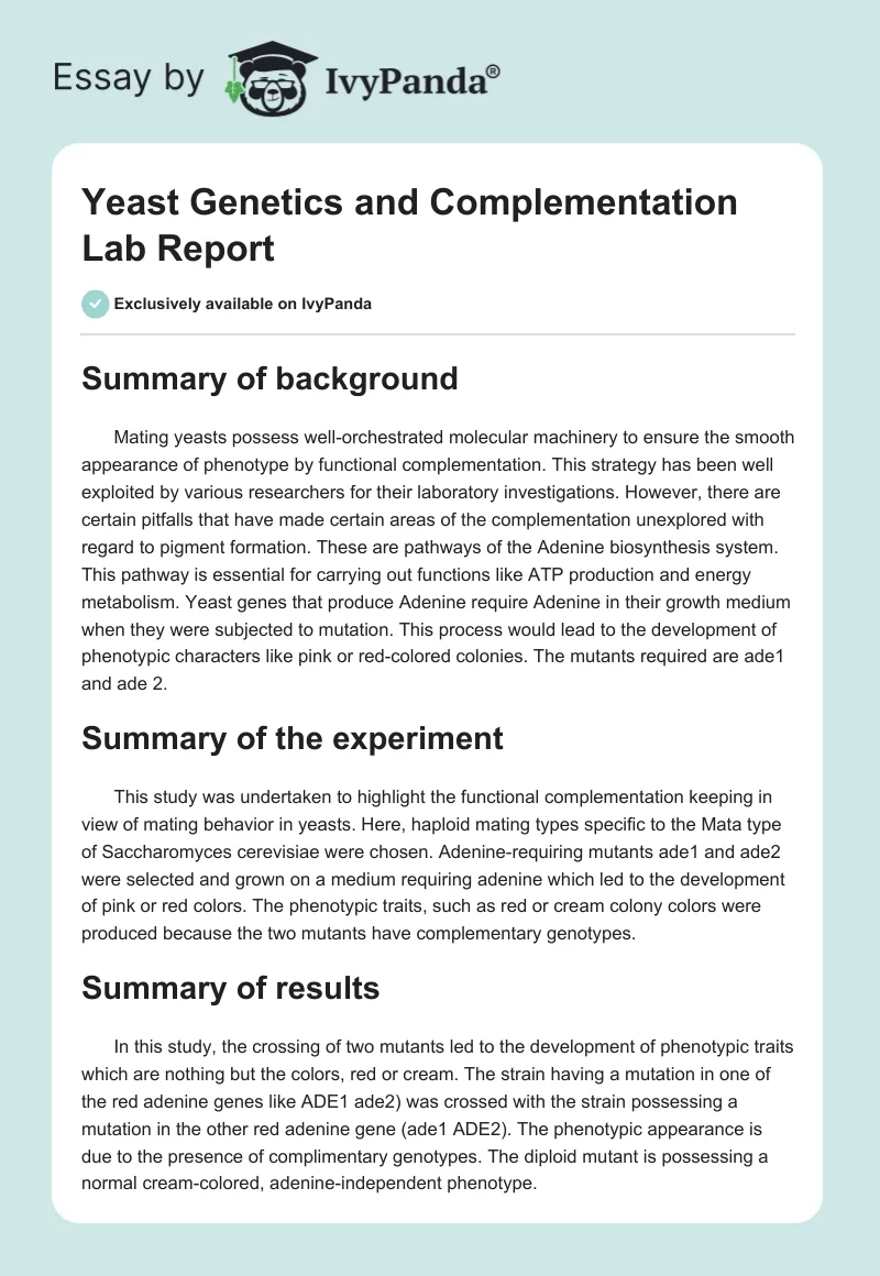 Yeast Genetics and Complementation Lab Report. Page 1