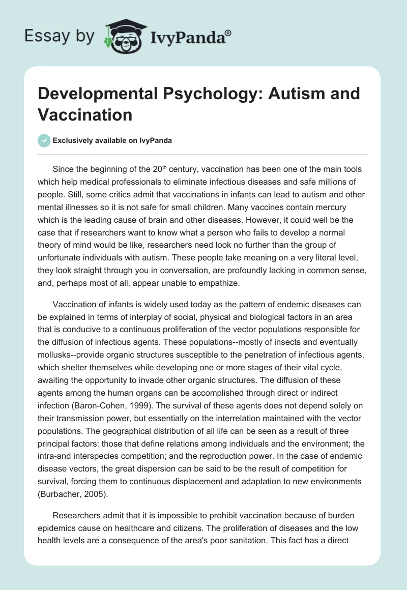 Developmental Psychology: Autism and Vaccination. Page 1