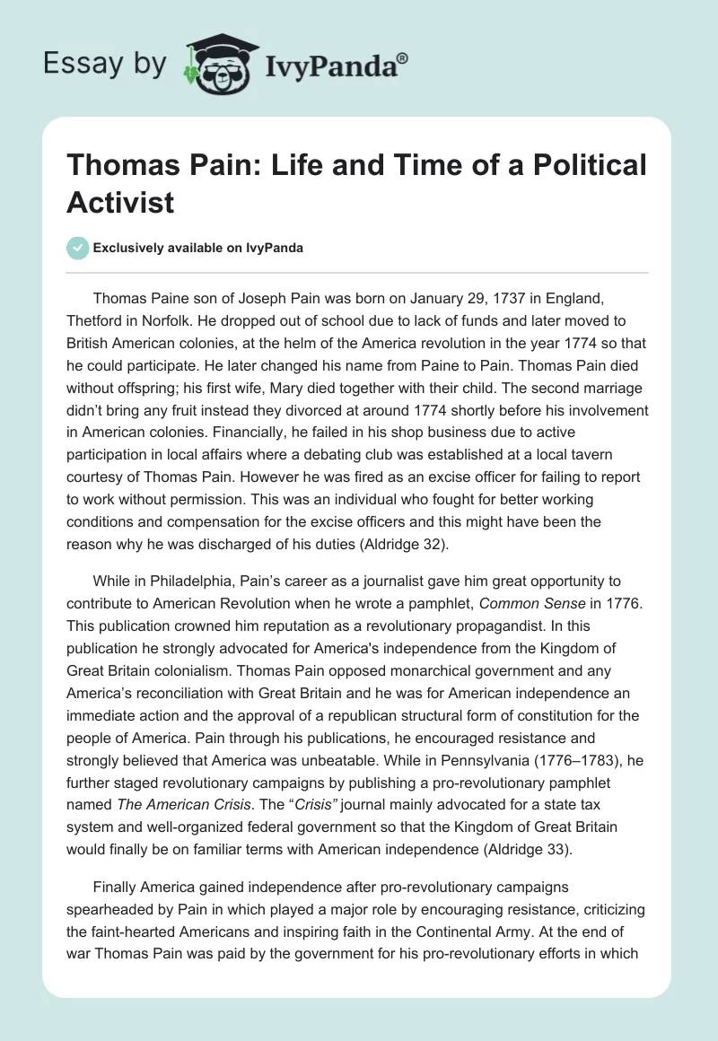 Thomas Pain: Life and Time of a Political Activist. Page 1