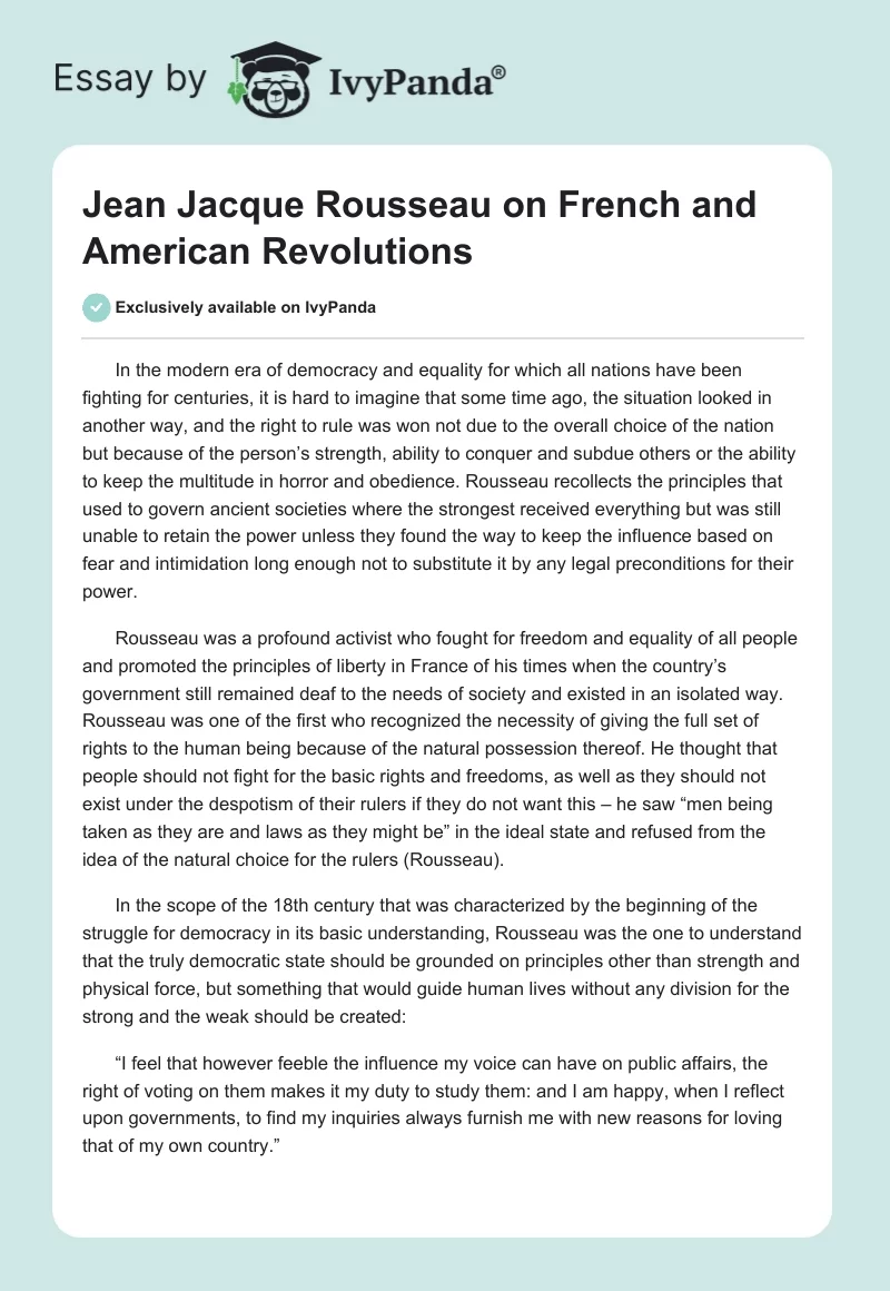 Jean Jacque Rousseau on French and American Revolutions. Page 1