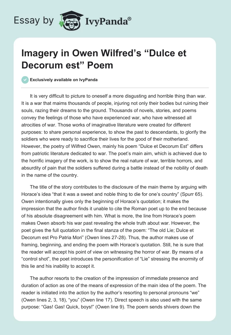 Imagery in Owen Wilfred’s “Dulce et Decorum est” Poem. Page 1