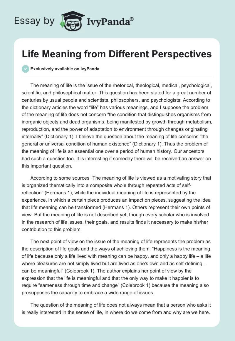 Life Meaning from Different Perspectives. Page 1