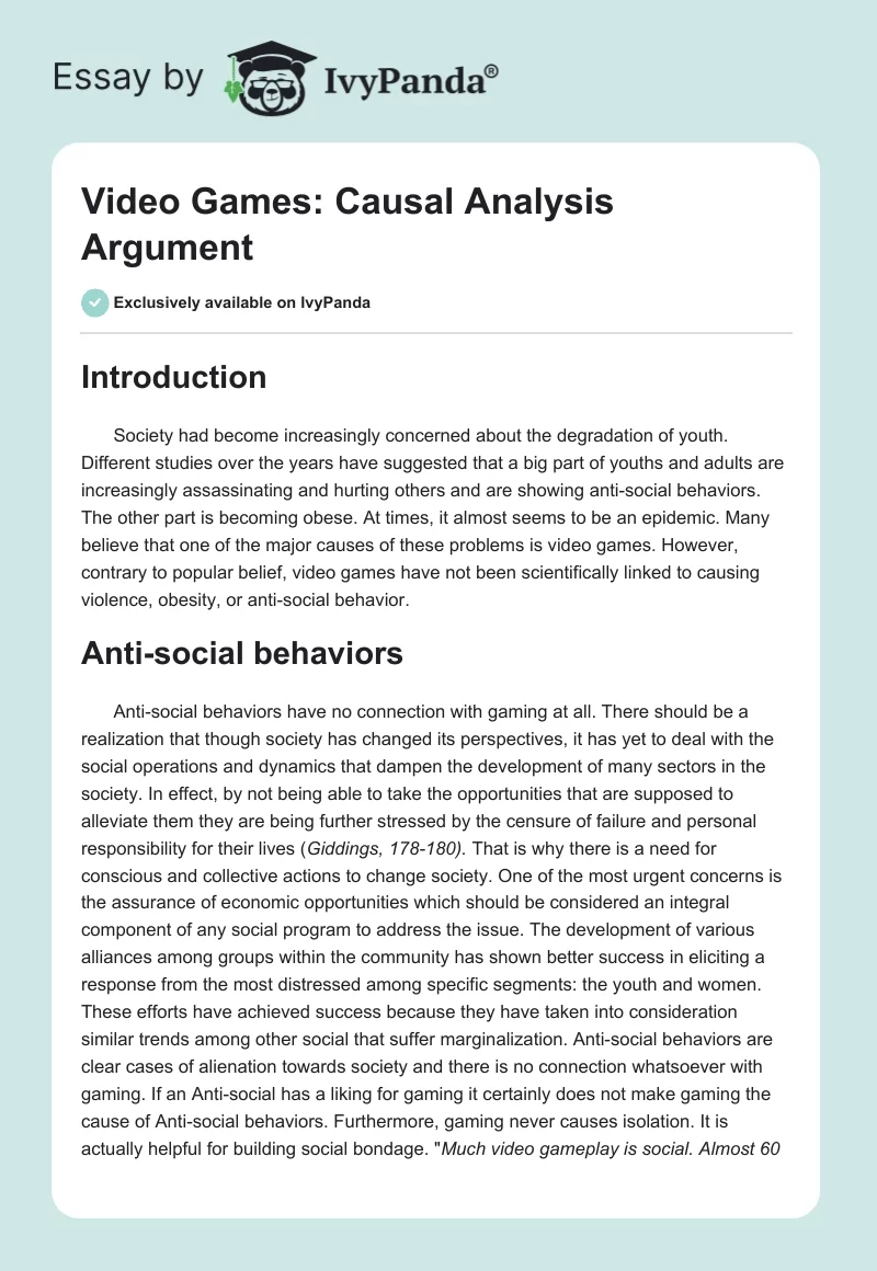 Video Games: Causal Analysis Argument. Page 1
