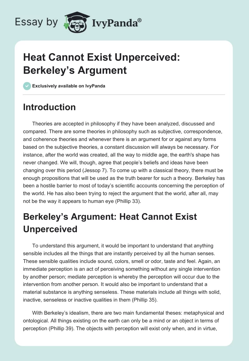 Heat Cannot Exist Unperceived: Berkeley’s Argument. Page 1