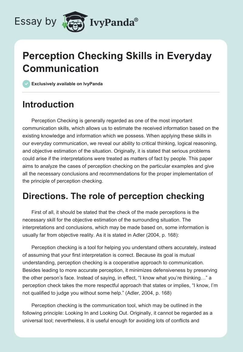 Perception Checking Skills in Everyday Communication. Page 1
