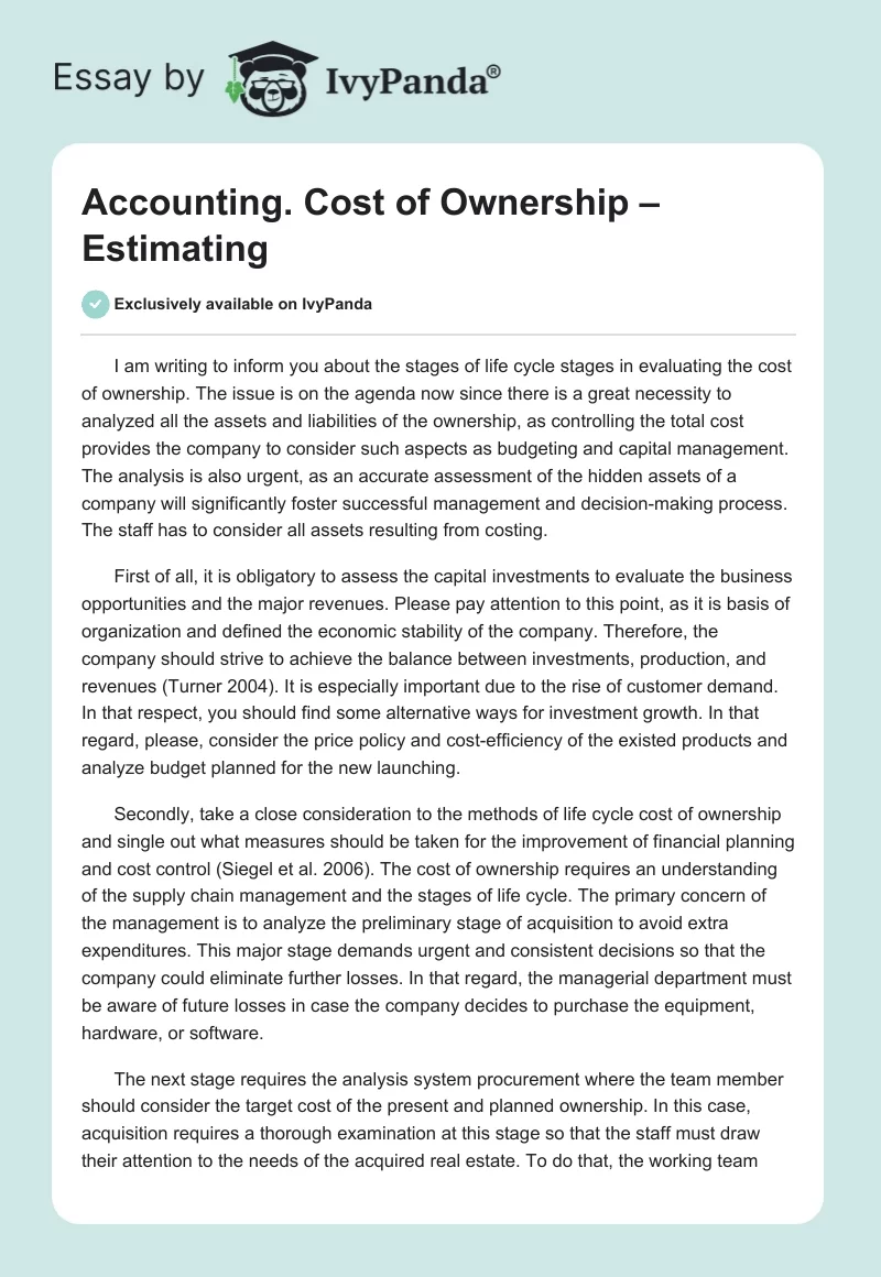 Accounting. Cost of Ownership – Estimating. Page 1