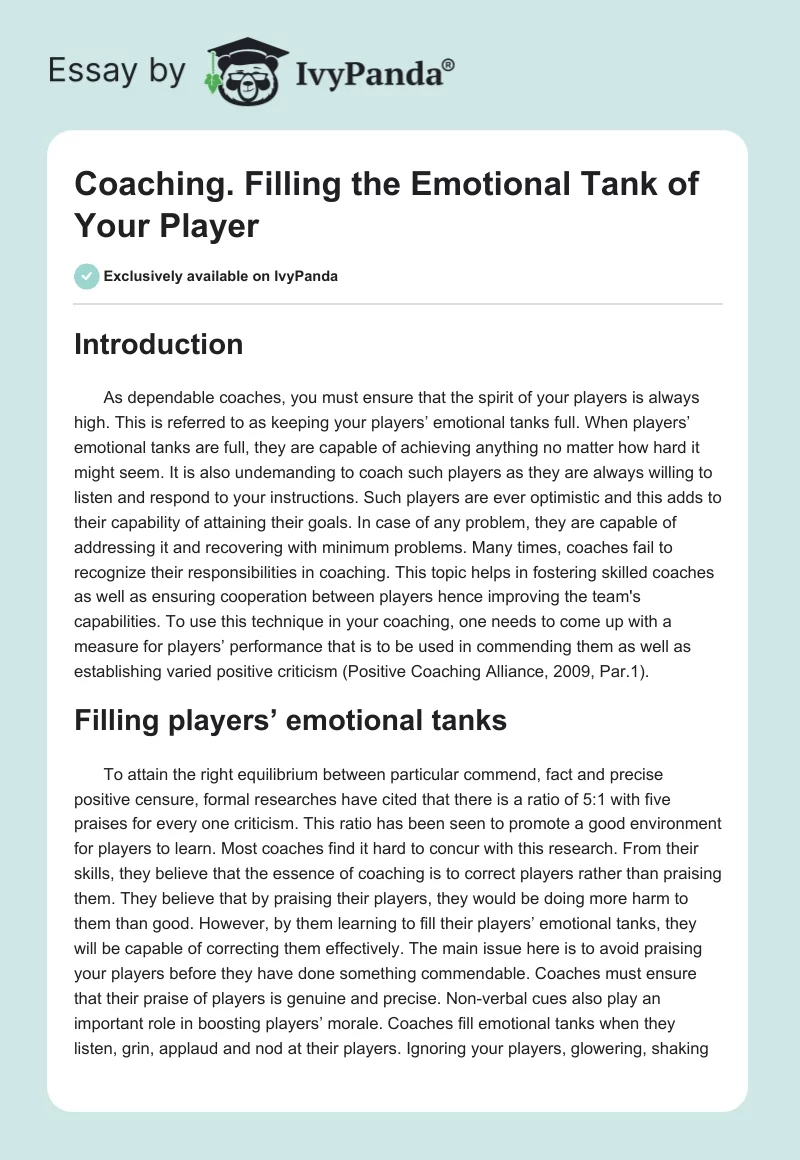 Coaching. Filling the Emotional Tank of Your Player. Page 1