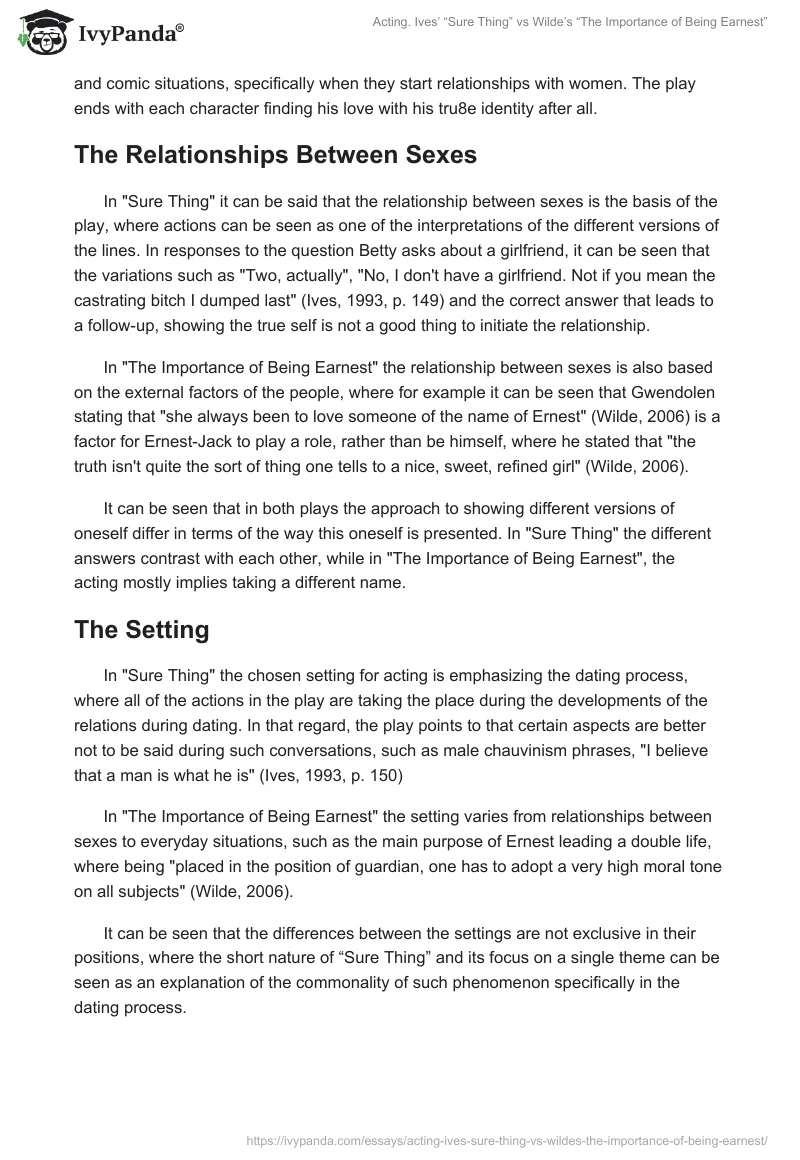 Acting. Ives’ “Sure Thing” vs Wilde’s “The Importance of Being Earnest”. Page 2