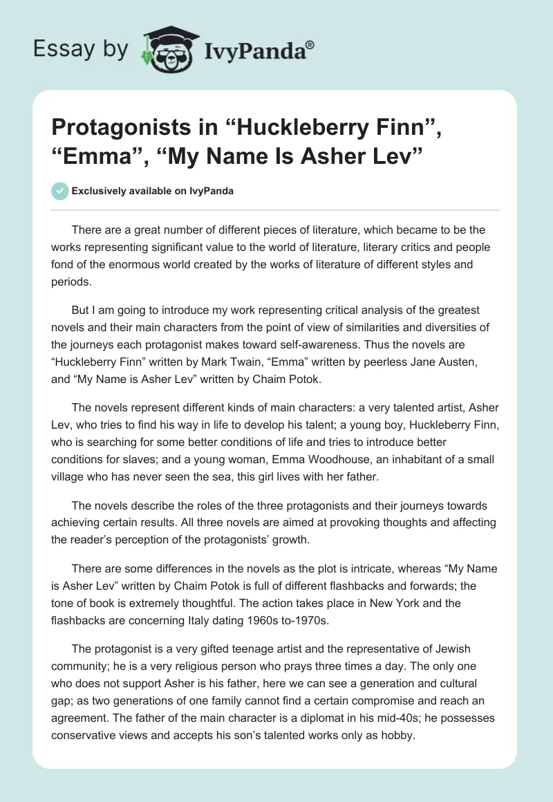 Protagonists in “Huckleberry Finn”, “Emma”, “My Name Is Asher Lev”. Page 1