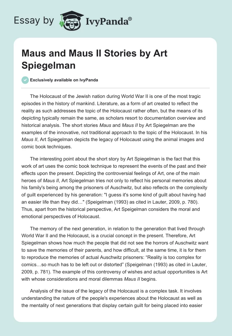 "Maus" and "Maus II" Stories by Art Spiegelman. Page 1