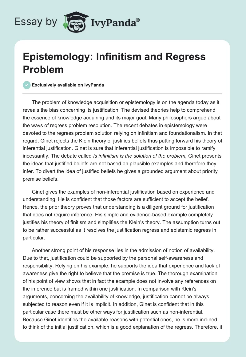 Epistemology: Infinitism and Regress Problem. Page 1