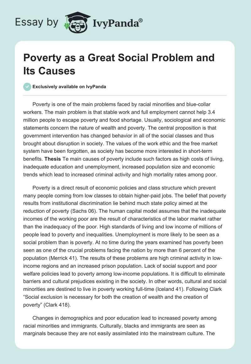 Poverty as a Great Social Problem and Its Causes. Page 1
