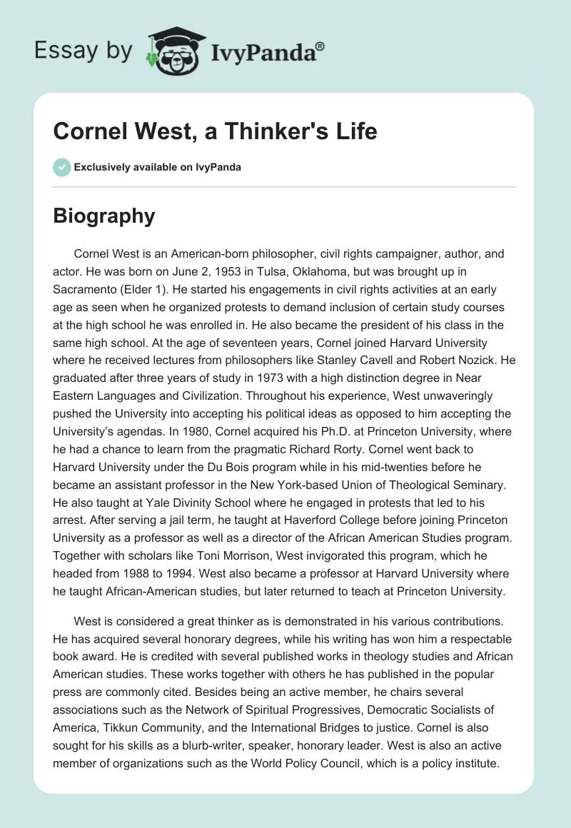 Cornel West, a Thinker's Life. Page 1