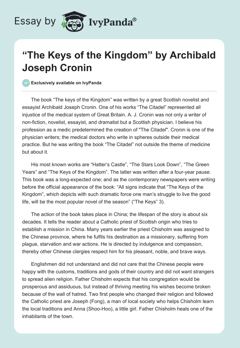 “The Keys of the Kingdom” by Archibald Joseph Cronin. Page 1