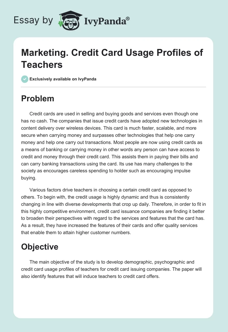 Marketing. Credit Card Usage Profiles of Teachers. Page 1