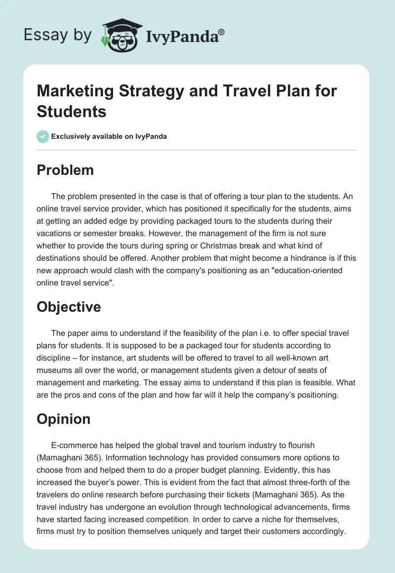 Marketing Strategy and Travel Plan for Students. Page 1